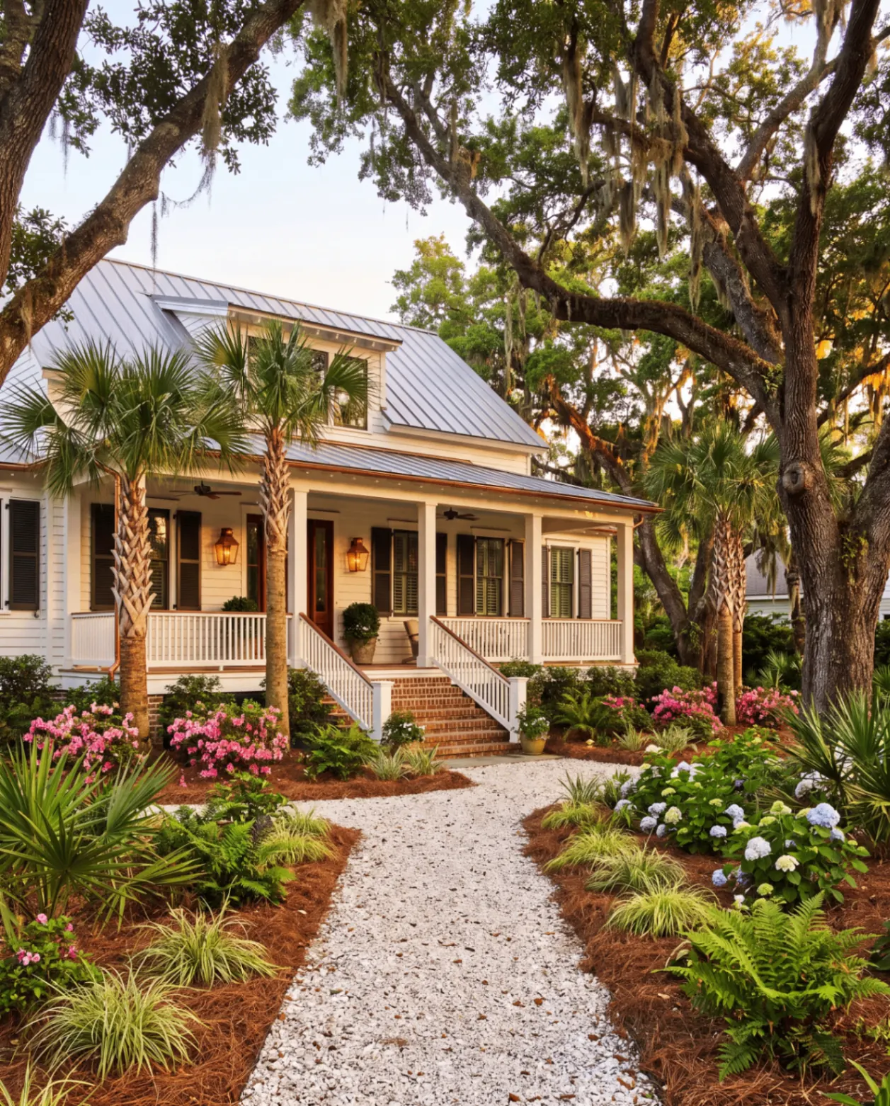 Irrigation sprinkler system running in a green Lowcountry garden