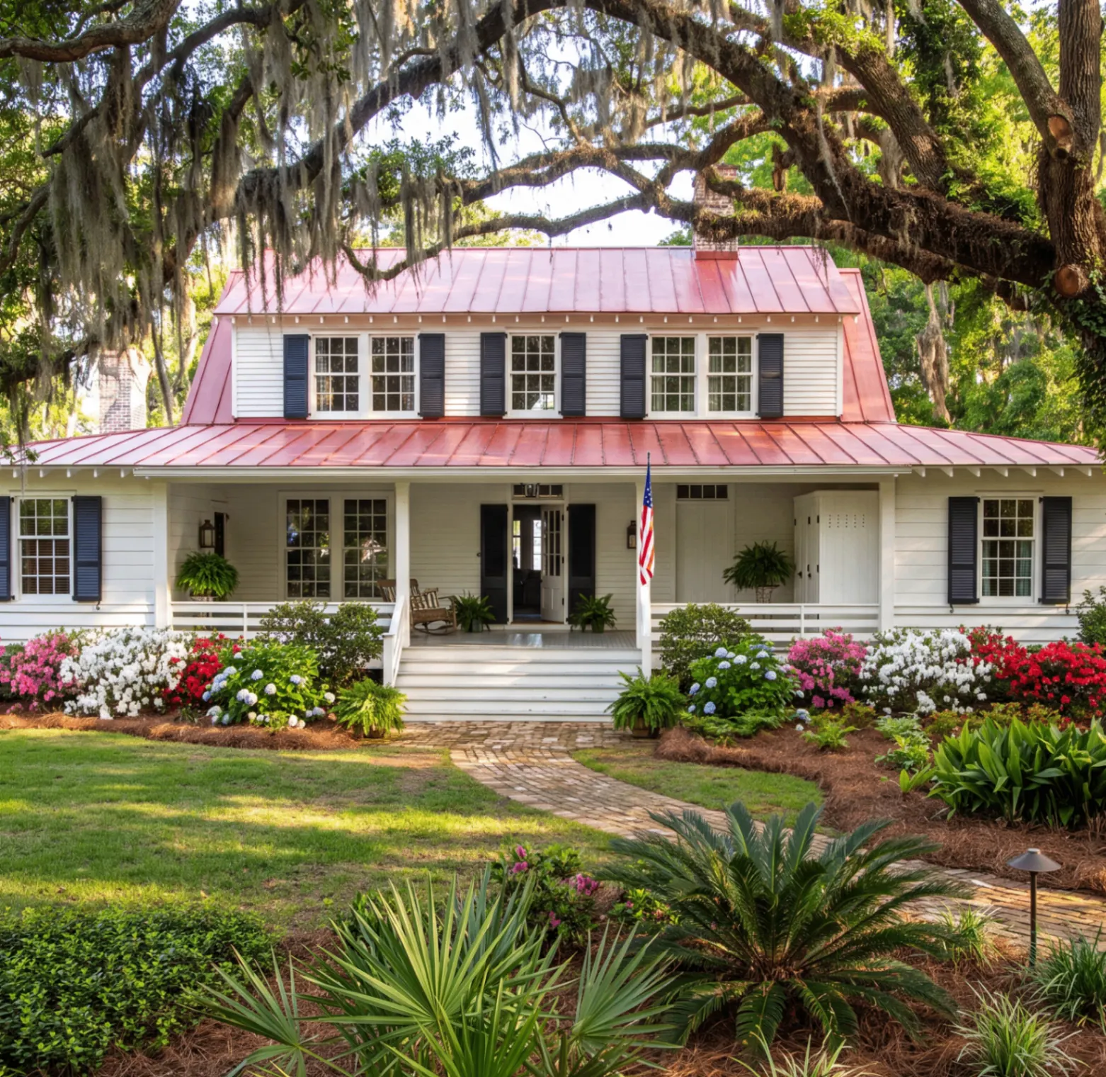 Landscaped Beaufort home with garden beds and lawn