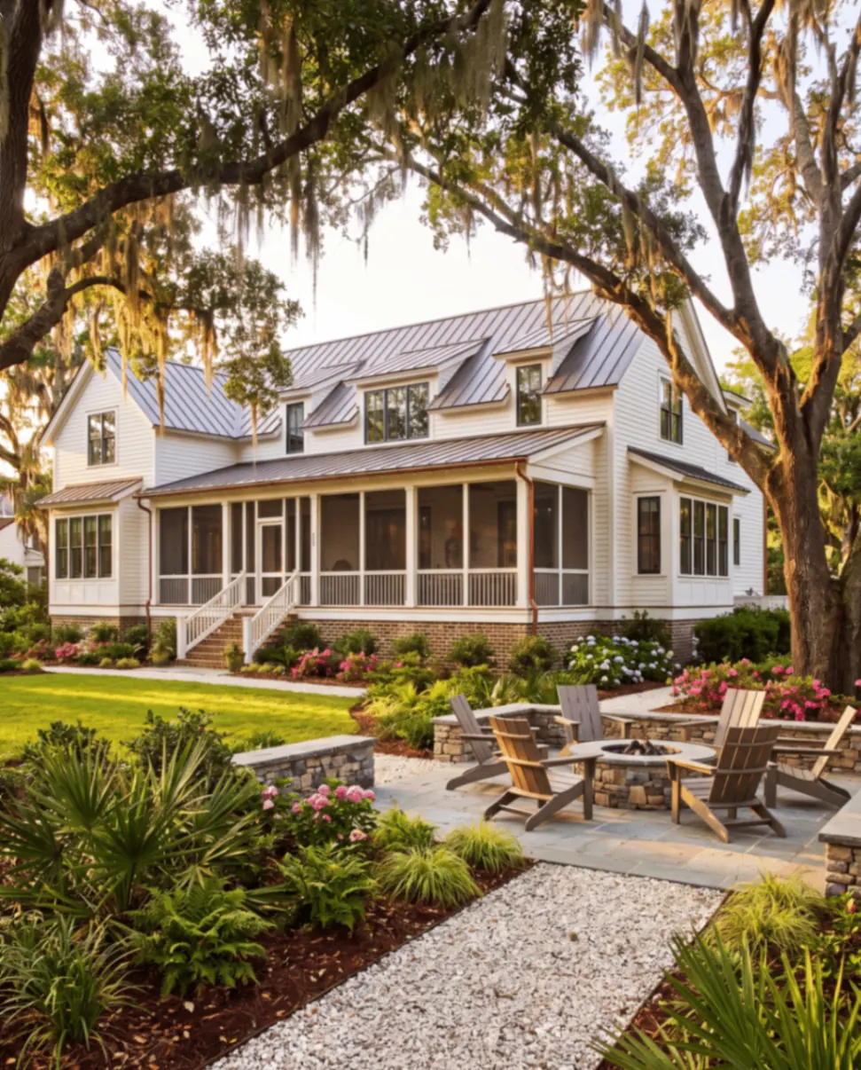 Newly built home with fresh landscape and hardscape